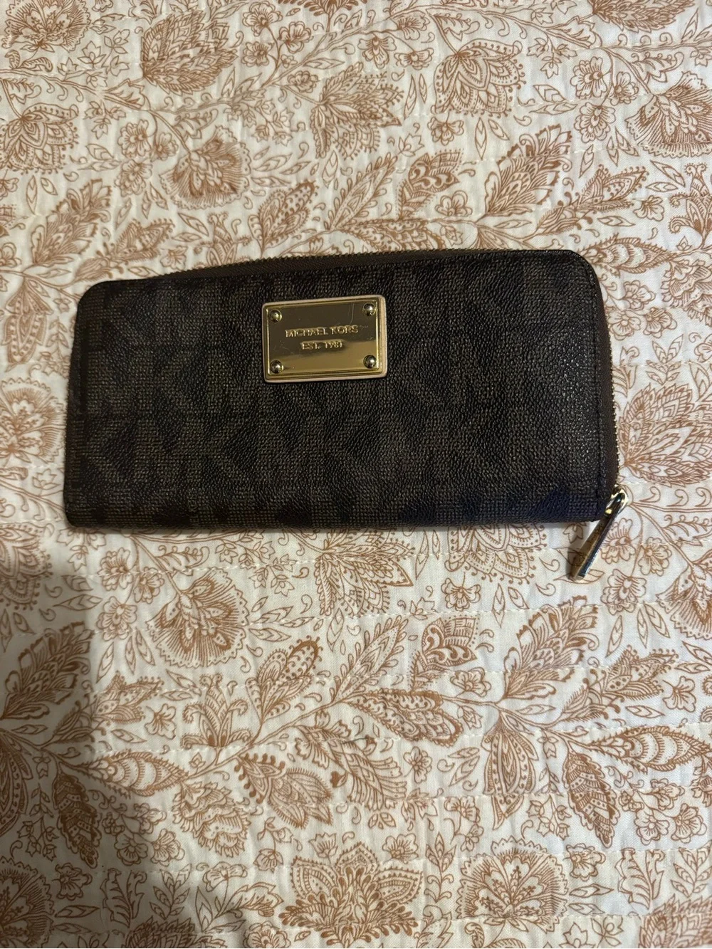 Michael Kors Dark Brown MK Signature Zip Wallet with Gold Plaque